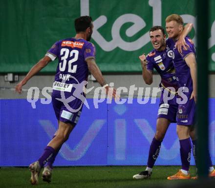 Fussball Bundesliga. SK Austria Klagenfurt gegen LASK   Torjubel Markus Pink, Andrew Irving, Jonas Arweiler (Klagenfurt). Klagenfurt, am 15.10.2022.
Foto: Kuess
---
pressefotos, pressefotografie, kuess, qs, qspictures, sport, bild, bilder, bilddatenbank