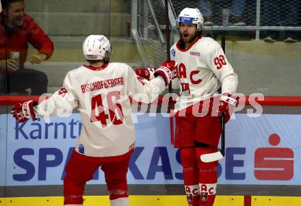 EBEL. Eishockey Bundesliga. EC KAC gegen  Steinbach Black Wings 1992. Torjubel Daniel Obersteiner, Johannes Bischofberger  (KAC). Klagenfurt, am 21.10.2022.
Foto: Kuess
www.qspictures.net
---
pressefotos, pressefotografie, kuess, qs, qspictures, sport, bild, bilder, bilddatenbank