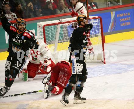 EBEL. Eishockey Bundesliga. EC KAC gegen  Steinbach Black Wings Linz 1992.  Torjubel Stefan Gaffal, Shawn St-Amant  (Black Wings). Klagenfurt, am 21.10.2022.
Foto: Kuess
www.qspictures.net
---
pressefotos, pressefotografie, kuess, qs, qspictures, sport, bild, bilder, bilddatenbank