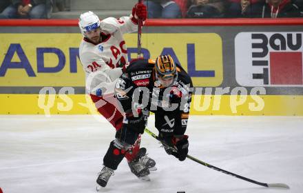 EBEL. Eishockey Bundesliga. EC KAC gegen  Steinbach Black Wings 1992.  Steven Strong,  (KAC),  Michael Haga  (Black Wings). Klagenfurt, am 21.10.2022.
Foto: Kuess
www.qspictures.net
---
pressefotos, pressefotografie, kuess, qs, qspictures, sport, bild, bilder, bilddatenbank