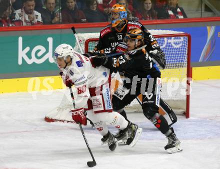 EBEL. Eishockey Bundesliga. EC KAC gegen  Steinbach Black Wings Linz 1992.  Nikolaus Kraus, (KAC),   Patrick Soellinger  (Black Wings). Klagenfurt, am 21.10.2022.
Foto: Kuess
www.qspictures.net
---
pressefotos, pressefotografie, kuess, qs, qspictures, sport, bild, bilder, bilddatenbank