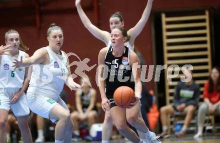 Basketball Damen Superliga. Grunddurchgang 4. Runde. KOS Celovec Damen gegen Basket Flames Women.  Lena WeiÃenbrunner (KOS),   Franca Roedhammer (Basket Flames). Klagenfurt, 22.10.2022.
Foto: Kuess
---
pressefotos, pressefotografie, kuess, qs, qspictures, sport, bild, bilder, bilddatenbank