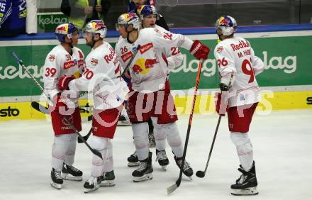 EBEL. Eishockey Bundesliga. EC VSV gegen EC Red Bull Salzburg.  Torjubel Chay Genoway, Benjamin Nissner, Peter Hochkofler, Mario Huber  (Salzburg). Villach, am 23.10.2022.
Foto: Kuess
www.qspictures.net
---
pressefotos, pressefotografie, kuess, qs, qspictures, sport, bild, bilder, bilddatenbank