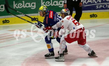 EBEL. Eishockey Bundesliga. EC VSV gegen EC Red Bull Salzburg.  Dominik Grafenthin, (VSV),    Devin Steffler  (Salzburg). Villach, am 23.10.2022.
Foto: Kuess
www.qspictures.net
---
pressefotos, pressefotografie, kuess, qs, qspictures, sport, bild, bilder, bilddatenbank