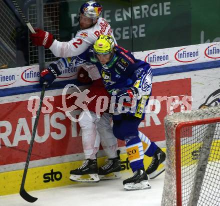 EBEL. Eishockey Bundesliga. EC VSV gegen EC Red Bull Salzburg.  Felix Maxa,  (VSV),    Tyler James Lewington (Salzburg). Villach, am 23.10.2022.
Foto: Kuess
www.qspictures.net
---
pressefotos, pressefotografie, kuess, qs, qspictures, sport, bild, bilder, bilddatenbank