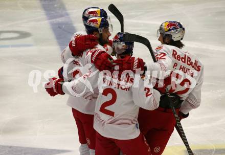 EBEL. Eishockey Bundesliga. EC VSV gegen EC Red Bull Salzburg.  Torjubel Benjamin Nissner, Tyler James Lewington, Paul Huber (Salzburg). Villach, am 23.10.2022.
Foto: Kuess
www.qspictures.net
---
pressefotos, pressefotografie, kuess, qs, qspictures, sport, bild, bilder, bilddatenbank