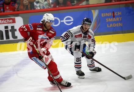 EBEL. Eishockey Bundesliga. EC KAC gegen  Hydro Fehervar AV 19.  Thomas Hundertpfund, (KAC),  Patrick Newell   (Fehervar). Klagenfurt, am 28.10.2022.
Foto: Kuess
www.qspictures.net
---
pressefotos, pressefotografie, kuess, qs, qspictures, sport, bild, bilder, bilddatenbank