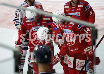 EBEL. Eishockey Bundesliga. EC KAC gegen  Hydro Fehervar AV 19.  Daniel Obersteiner, Paul Postma, Thomas Hundertpfund
 (KAC). Klagenfurt, am 28.10.2022.
Foto: Kuess
www.qspictures.net
---
pressefotos, pressefotografie, kuess, qs, qspictures, sport, bild, bilder, bilddatenbank