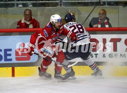 EBEL. Eishockey Bundesliga. EC KAC gegen  Hydro Fehervar AV 19.  Manuel Ganahl,  (KAC),    Daniel Szabo (Fehervar). Klagenfurt, am 28.10.2022.
Foto: Kuess
www.qspictures.net
---
pressefotos, pressefotografie, kuess, qs, qspictures, sport, bild, bilder, bilddatenbank