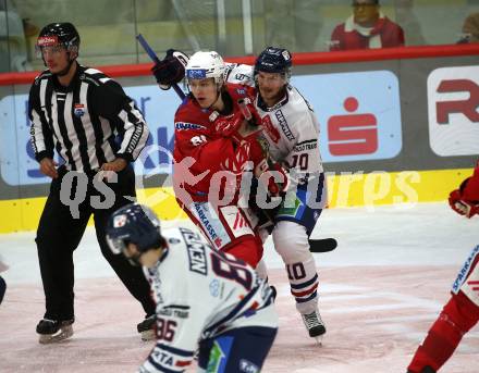 EBEL. Eishockey Bundesliga. EC KAC gegen  Hydro Fehervar AV 19.  Finn Van Ee, (KAC),    Istvan Bartalis  (Fehervar). Klagenfurt, am 28.10.2022.
Foto: Kuess
www.qspictures.net
---
pressefotos, pressefotografie, kuess, qs, qspictures, sport, bild, bilder, bilddatenbank