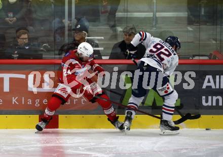 EBEL. Eishockey Bundesliga. EC KAC gegen  Hydro Fehervar AV 19.  Steven Strong, (KAC),    Anze Kuralt (Fehervar). Klagenfurt, am 28.10.2022.
Foto: Kuess
www.qspictures.net
---
pressefotos, pressefotografie, kuess, qs, qspictures, sport, bild, bilder, bilddatenbank