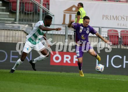 Fussball Bundesliga. SK Austria Klagenfurt gegen WSG Tirol.  Sinan Karweina (Klagenfurt),  Kofi Yeboah Schulz (Tirol). Klagenfurt, am 29.10.2022.
Foto: Kuess
---
pressefotos, pressefotografie, kuess, qs, qspictures, sport, bild, bilder, bilddatenbank