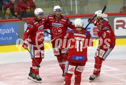 EBEL. Eishockey Bundesliga. EC KAC gegen  EC Red Bull Salzburg.  Torjubel Kele Steffler, Matthew Fraser, Lukas haudum, Jesper Jensen Aabo (KAC). Klagenfurt, am 30.10.2022.
Foto: Kuess
www.qspictures.net
---
pressefotos, pressefotografie, kuess, qs, qspictures, sport, bild, bilder, bilddatenbank