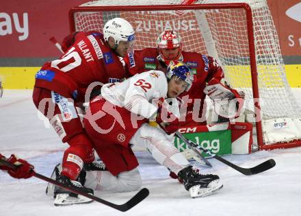 EBEL. Eishockey Bundesliga. EC KAC gegen  EC Red Bull Salzburg.  Thomas Vallant, SEbastian Dahm,  (KAC),   Paul Huber (Salzburg). Klagenfurt, am 30.10.2022.
Foto: Kuess
www.qspictures.net
---
pressefotos, pressefotografie, kuess, qs, qspictures, sport, bild, bilder, bilddatenbank