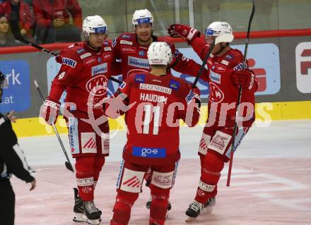 EBEL. Eishockey Bundesliga. EC KAC gegen  EC Red Bull Salzburg.  Torjubel Kele Steffler, Matthew Fraser, Lukas haudum, Jesper Jensen Aabo (KAC). Klagenfurt, am 30.10.2022.
Foto: Kuess
www.qspictures.net
---
pressefotos, pressefotografie, kuess, qs, qspictures, sport, bild, bilder, bilddatenbank