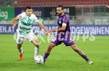 Fussball Bundesliga. SK Austria Klagenfurt gegen WSG Tirol.  Markus Pink, (Klagenfurt),  Raffael Behounek  (Tirol). Klagenfurt, am 29.10.2022.
Foto: Kuess
---
pressefotos, pressefotografie, kuess, qs, qspictures, sport, bild, bilder, bilddatenbank