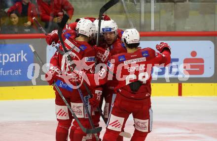 EBEL. Eishockey Bundesliga. EC KAC gegen  EC Red Bull Salzburg. Torjubel Kele Steffler, Matthew Fraser, Lukas haudum, Jesper Jensen Aabo, Luka Gomboc  (KAC). Klagenfurt, am 30.10.2022.
Foto: Kuess
www.qspictures.net
---
pressefotos, pressefotografie, kuess, qs, qspictures, sport, bild, bilder, bilddatenbank