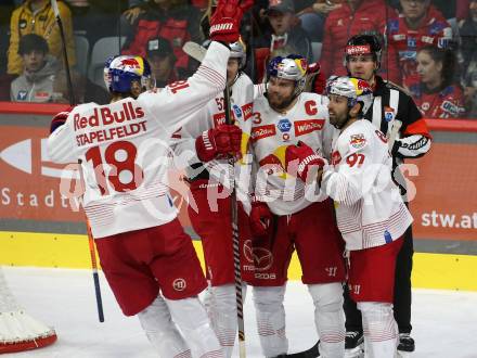 EBEL. Eishockey Bundesliga. EC KAC gegen  EC Red Bull Salzburg. Torjubel Peter Schneider, Dominique Heinrich, Paul Huber, Paul Stapelfeldt (Salzburg). Klagenfurt, am 30.10.2022.
Foto: Kuess
www.qspictures.net
---
pressefotos, pressefotografie, kuess, qs, qspictures, sport, bild, bilder, bilddatenbank