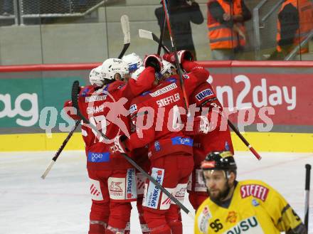 EBEL. Eishockey Bundesliga. EC KAC gegen  spusu Vienna Capitals.  Torjubel Nicholas Petersen, Kele Steffler, David Maier, Manuel Ganahl, Rok Ticar (KAC). Klagenfurt, am 6.11.2022.
Foto: Kuess
www.qspictures.net
---
pressefotos, pressefotografie, kuess, qs, qspictures, sport, bild, bilder, bilddatenbank