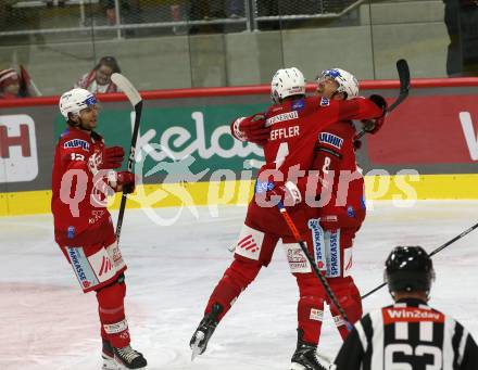 EBEL. Eishockey Bundesliga. EC KAC gegen  spusu Vienna Capitals.  Torjubel Nicholas Petersen, Kele Steffler, David Maier (KAC). Klagenfurt, am 6.11.2022.
Foto: Kuess
www.qspictures.net
---
pressefotos, pressefotografie, kuess, qs, qspictures, sport, bild, bilder, bilddatenbank