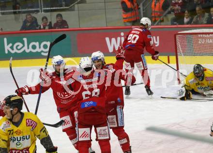 EBEL. Eishockey Bundesliga. EC KAC gegen  spusu Vienna Capitals. Torjubel Luka Gomboc, Lukas Haudum  (KAC). Klagenfurt, am 6.11.2022.
Foto: Kuess
www.qspictures.net
---
pressefotos, pressefotografie, kuess, qs, qspictures, sport, bild, bilder, bilddatenbank