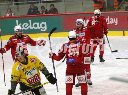 EBEL. Eishockey Bundesliga. EC KAC gegen  spusu Vienna Capitals. Torjubel Luka Gomboc, Lukas Haudum  (KAC). Klagenfurt, am 6.11.2022.
Foto: Kuess
www.qspictures.net
---
pressefotos, pressefotografie, kuess, qs, qspictures, sport, bild, bilder, bilddatenbank