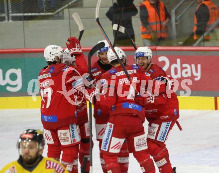 EBEL. Eishockey Bundesliga. EC KAC gegen  spusu Vienna Capitals.  Torjubel Nicholas Petersen, Kele Steffler, David Maier, Manuel Ganahl, Rok Ticar (KAC). Klagenfurt, am 6.11.2022.
Foto: Kuess
www.qspictures.net
---
pressefotos, pressefotografie, kuess, qs, qspictures, sport, bild, bilder, bilddatenbank