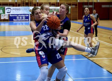 Basketball Damen. AUSTRIA CUP.  KOS Celovec Damen gegen UBSC-DBBC Graz.  Johanna Thamer (KOS),  Lenny Jacimovic, Nina Krisper (Graz). Klagenfurt, 12.11.2022.
Foto: Kuess
---
pressefotos, pressefotografie, kuess, qs, qspictures, sport, bild, bilder, bilddatenbank