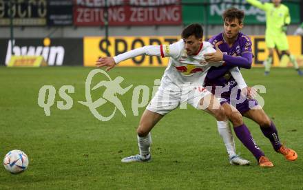 Fussball Bundesliga. SK Austria Klagenfurt gegen FC Red Bull Salzburg.  Thorsten Mahrer,  (Klagenfurt),  Roko Simic (Salzburg). Klagenfurt, am 13.11.2022.
Foto: Kuess
---
pressefotos, pressefotografie, kuess, qs, qspictures, sport, bild, bilder, bilddatenbank