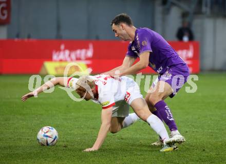 Fussball Bundesliga. SK Austria Klagenfurt gegen FC Red Bull Salzburg.  Andrew Irving, (Klagenfurt),  Nicolas Seiwald  (Salzburg). Klagenfurt, am 13.11.2022.
Foto: Kuess
---
pressefotos, pressefotografie, kuess, qs, qspictures, sport, bild, bilder, bilddatenbank