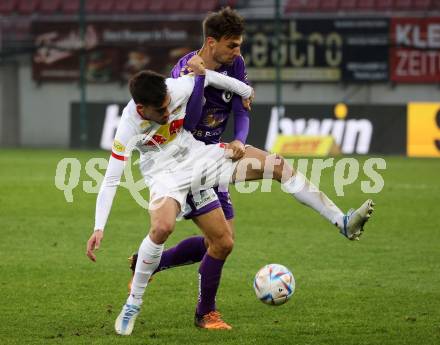 Fussball Bundesliga. SK Austria Klagenfurt gegen FC Red Bull Salzburg.  Thorsten Mahrer, (Klagenfurt),  Roko Simic  (Salzburg). Klagenfurt, am 13.11.2022.
Foto: Kuess
---
pressefotos, pressefotografie, kuess, qs, qspictures, sport, bild, bilder, bilddatenbank