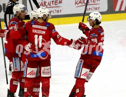 EBEL. Eishockey Bundesliga. EC KAC gegen  Moser Medical Graz99ers.  Torjubel Lukas Haudum, Gomboc Luka, Unterweger Clemens, (KAC). Klagenfurt, am 15.11.2022.
Foto: Kuess
www.qspictures.net
---
pressefotos, pressefotografie, kuess, qs, qspictures, sport, bild, bilder, bilddatenbank