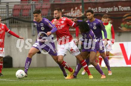 Fussball Woertherseecup. SK Austria Klagenfurt gegen GAK. Nikola Djoric, Daniel Francis,  (Austria), Danijel Kalajdzic (GAK), Klagenfurt, am 19.11.2022.
Foto: Kuess
---
pressefotos, pressefotografie, kuess, qs, qspictures, sport, bild, bilder, bilddatenbank