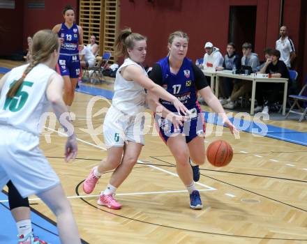 Basketball Damen Superliga. Grunddurchgang 7. Runde. KOS Celovec Damen gegen UBSC-DBBC Graz.  Monika Ristic (KOS), Nina Krisper  (Graz). Klagenfurt, 20.11.2022.
Foto: Kuess
---
pressefotos, pressefotografie, kuess, qs, qspictures, sport, bild, bilder, bilddatenbank