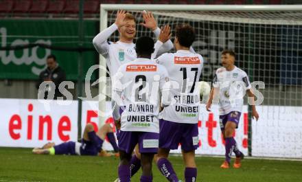 Fussball Woertherseecup. SK Austria Klagenfurt gegen 1860 Muenchen.  Torjubel Jonas Arweiler, Solomon Bonnah, Simon Straudi (Austria Klagenfurt). Klagenfurt, 20.11.2022.
Foto: Kuess
---
pressefotos, pressefotografie, kuess, qs, qspictures, sport, bild, bilder, bilddatenbank