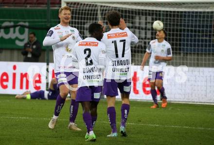 Fussball Woertherseecup. SK Austria Klagenfurt gegen 1860 Muenchen. Torjubel Jonas Arweiler, Solomon Bonnah, Simon Straudi  (Austria Klagenfurt). Klagenfurt, 20.11.2022.
Foto: Kuess
---
pressefotos, pressefotografie, kuess, qs, qspictures, sport, bild, bilder, bilddatenbank