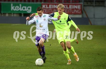 Fussball Woertherseecup. SK Austria Klagenfurt gegen 1860 Muenchen. Till Schumacher,  (Austria Klagenfurt),  Leandro Morgalla   (1860 Muenchen). Klagenfurt, 20.11.2022.
Foto: Kuess
---
pressefotos, pressefotografie, kuess, qs, qspictures, sport, bild, bilder, bilddatenbank