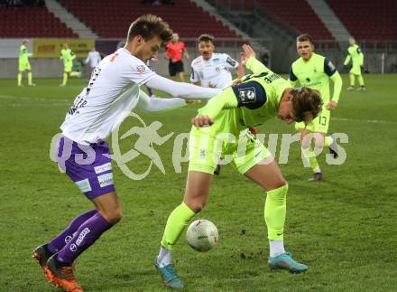 Fussball Woertherseecup. SK Austria Klagenfurt gegen 1860 Muenchen. Thorsten Mahrer,   (Austria Klagenfurt),  Fynn Lakenmacher  (1860 Muenchen). Klagenfurt, 20.11.2022.
Foto: Kuess
---
pressefotos, pressefotografie, kuess, qs, qspictures, sport, bild, bilder, bilddatenbank