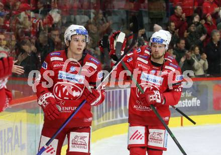 EBEL. Eishockey Bundesliga. EC KAC gegen  HK Olimpija.  Clemens Unterweger, Rihards Bukarts  (KAC). Klagenfurt, am 4.12.2022.
Foto: Kuess
www.qspictures.net
---
pressefotos, pressefotografie, kuess, qs, qspictures, sport, bild, bilder, bilddatenbank