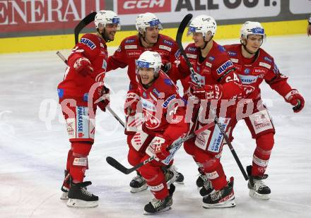 EBEL. Eishockey Bundesliga. EC KAC gegen  HK Olimpija.  Torjubel Fabian Hochegger, Steven Strong, Maximilian Preiml, Nikolaus Kraus, Finn Van ee  (KAC). Klagenfurt, am 4.12.2022.
Foto: Kuess
www.qspictures.net
---
pressefotos, pressefotografie, kuess, qs, qspictures, sport, bild, bilder, bilddatenbank