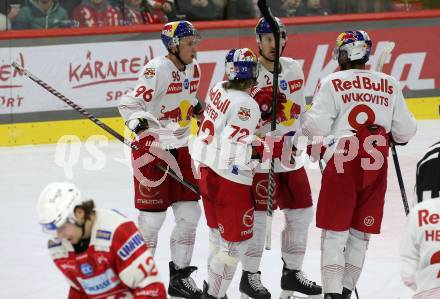 EBEL. Eishockey Bundesliga. EC KAC gegen  Salzburg. Torjubel Mario Huber, Nicolai Meyer, Alu Wukovits, Tyler James Lwington   (Salzburg). Klagenfurt, am 9.12.2022.
Foto: Kuess
www.qspictures.net
---
pressefotos, pressefotografie, kuess, qs, qspictures, sport, bild, bilder, bilddatenbank