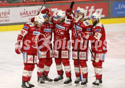 EBEL. Eishockey Bundesliga. EC KAC gegen  Salzburg.  Torjubel Manuel Ganahl, Nicholas Eric Petersen, Clemens Unterweger, Rok Ticar, Paul Postma (KAC). Klagenfurt, am 9.12.2022.
Foto: Kuess
www.qspictures.net
---
pressefotos, pressefotografie, kuess, qs, qspictures, sport, bild, bilder, bilddatenbank