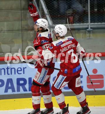 EBEL. Eishockey Bundesliga. EC KAC gegen  Salzburg.  Torjubel David Maier, Tobias Sablattnig (KAC). Klagenfurt, am 9.12.2022.
Foto: Kuess
www.qspictures.net
---
pressefotos, pressefotografie, kuess, qs, qspictures, sport, bild, bilder, bilddatenbank