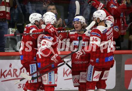 EBEL. Eishockey Bundesliga. EC KAC gegen  Salzburg.  Torjubel David Maier, Tobias Sablattnig, Steven Strong, Finn Van ee, Paul Postma (KAC). Klagenfurt, am 9.12.2022.
Foto: Kuess
www.qspictures.net
---
pressefotos, pressefotografie, kuess, qs, qspictures, sport, bild, bilder, bilddatenbank