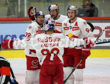 EBEL. Eishockey Bundesliga. EC KAC gegen  Salzburg. Torjubel Chay Genoway, Andrew Jay MacWilliam, Mario Huber, Florian Baltram  (Salzburg). Klagenfurt, am 9.12.2022.
Foto: Kuess
www.qspictures.net
---
pressefotos, pressefotografie, kuess, qs, qspictures, sport, bild, bilder, bilddatenbank