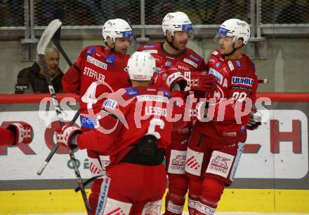 EBEL. Eishockey Bundesliga. EC KAC gegen  HC Pustertal. Torjubel Kele Steffler, Thomas Hundertpfund, Lucas Lessio, Matthew Fraser  (KAC). Klagenfurt, am 18.12.2022.
Foto: Kuess
www.qspictures.net
---
pressefotos, pressefotografie, kuess, qs, qspictures, sport, bild, bilder, bilddatenbank