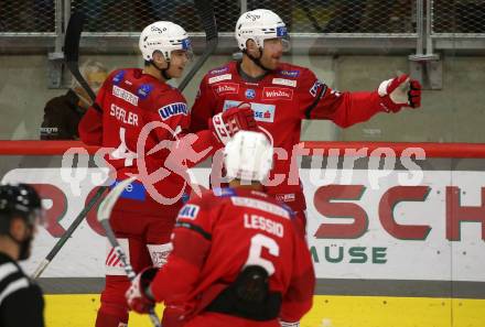 EBEL. Eishockey Bundesliga. EC KAC gegen  HC Pustertal.  Torjubel Kele Steffler, Thomas Hundertpfund, Lucas Lessio (KAC). Klagenfurt, am 18.12.2022.
Foto: Kuess
www.qspictures.net
---
pressefotos, pressefotografie, kuess, qs, qspictures, sport, bild, bilder, bilddatenbank