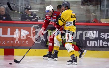 EBEL. Eishockey Bundesliga. EC KAC gegen  HC Pustertal.  Matthew Fraser, (KAC),    Ivan Deluca (Pustertal). Klagenfurt, am 18.12.2022.
Foto: Kuess
www.qspictures.net
---
pressefotos, pressefotografie, kuess, qs, qspictures, sport, bild, bilder, bilddatenbank