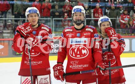 EBEL. Eishockey Bundesliga. EC KAC gegen  Moser Medical Graz99ers.  Tobias Piuk, Thomas Klassek, Neal Unterluggauer (KAC). Klagenfurt, am 23.12.2022.
Foto: Kuess
www.qspictures.net
---
pressefotos, pressefotografie, kuess, qs, qspictures, sport, bild, bilder, bilddatenbank