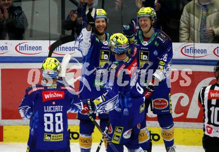 EBEL. Eishockey Bundesliga. EC VSV gegen HC TIWAG Innsbruck.  Torjubel Kevin Moderer, Dominik Grafenthin, Alexander Rauchenwald, Anthony Luciani   (VSV). Villach, am 26.12.2022.
Foto: Kuess
www.qspictures.net
---
pressefotos, pressefotografie, kuess, qs, qspictures, sport, bild, bilder, bilddatenbank